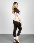 A model wearing our two toned base layer and brown riding leggings.